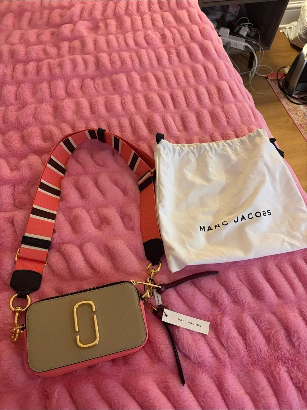 Marc Jacobs Two-Tone Crossbody with Striped Pink Strap